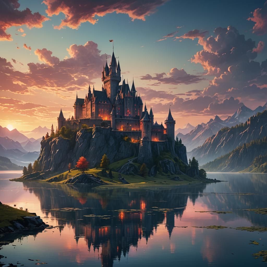 Majestic Lakeside Castle at Dawn: Fantasy Concept Art