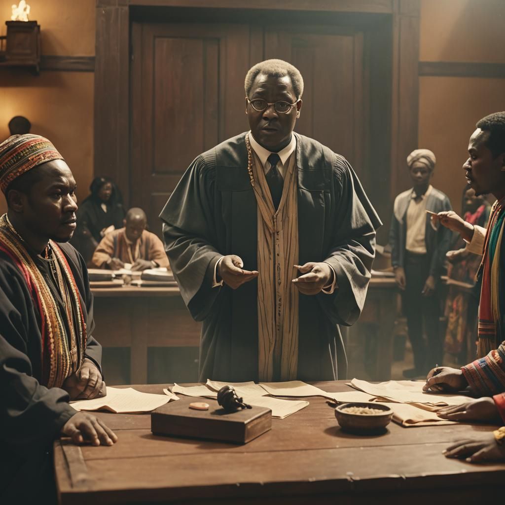 Portly Judge in Courtroom Cinematic Still