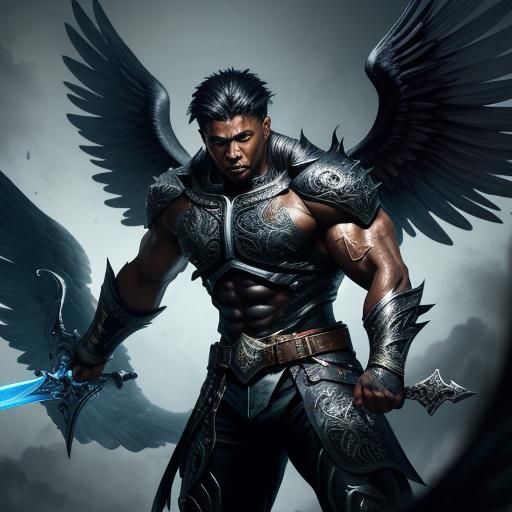 Dramatic Black Angel with Sword in Heaven