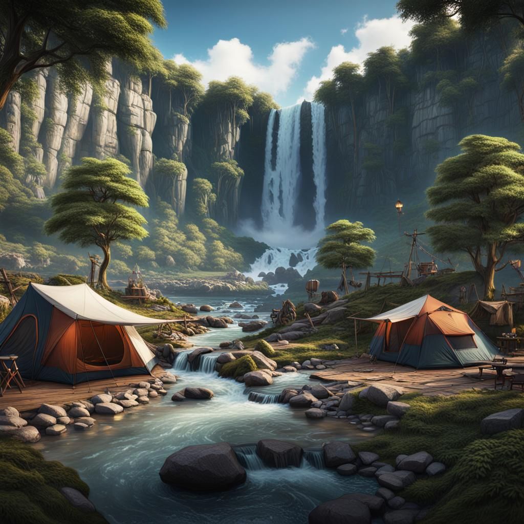 Scenic Campsite by River: Detailed Matte Painting