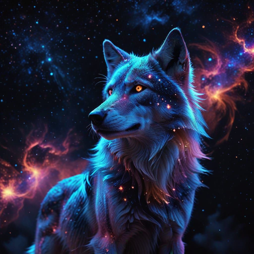 Ethereal Wolf in Starry Sky: Surreal Digital Art