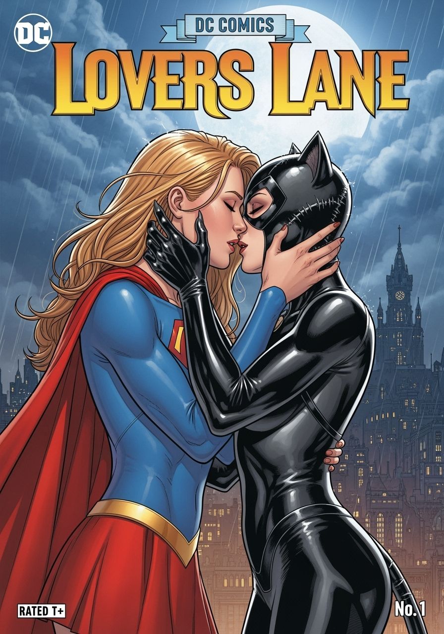 Supergirl and Catwoman's Kiss: A Comic Book Cover