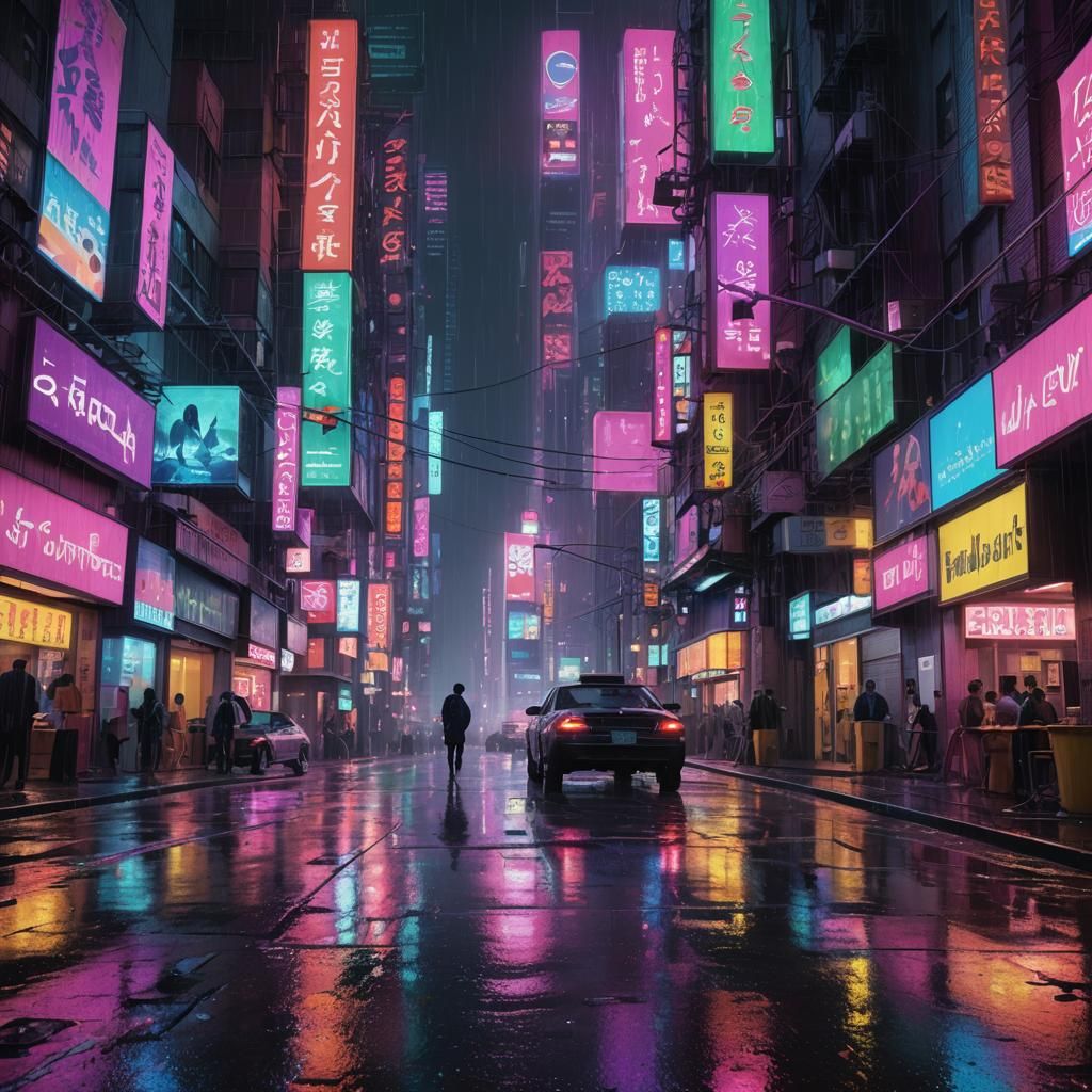 Fluorescent Cyberpunk Cityscape Digital Art