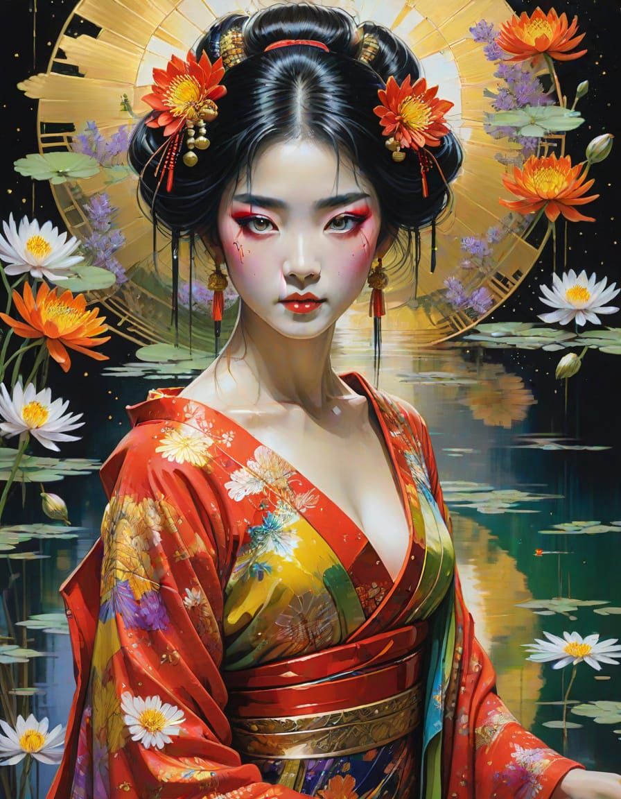 Surreal Geisha Goddess in Whimsical Fantasy Setting
