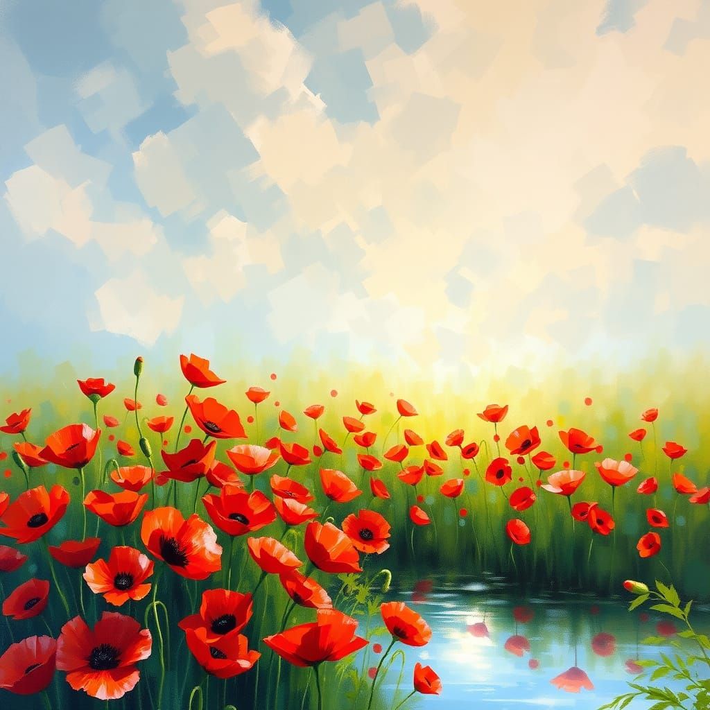 Monet-Style Oil Painting of Poppies by a Pond