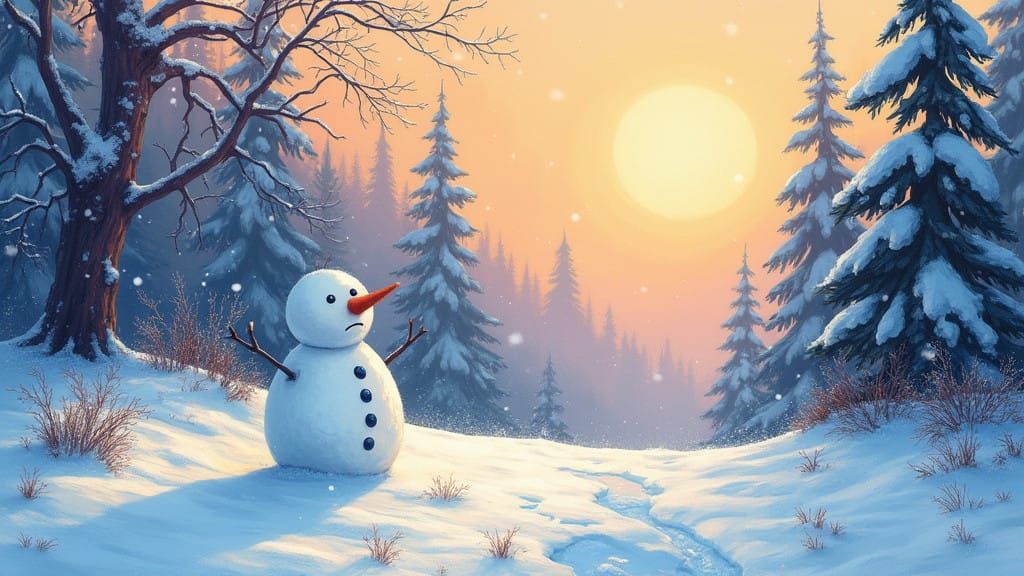 Serenely Melancholic Winter Scene in Whimsical Gouache Style