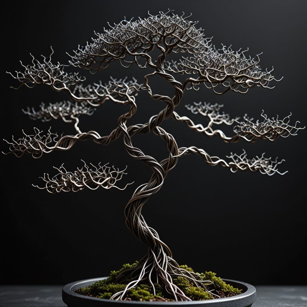Twisted Wire Bonsai Tree Sculpture in Industrial Style