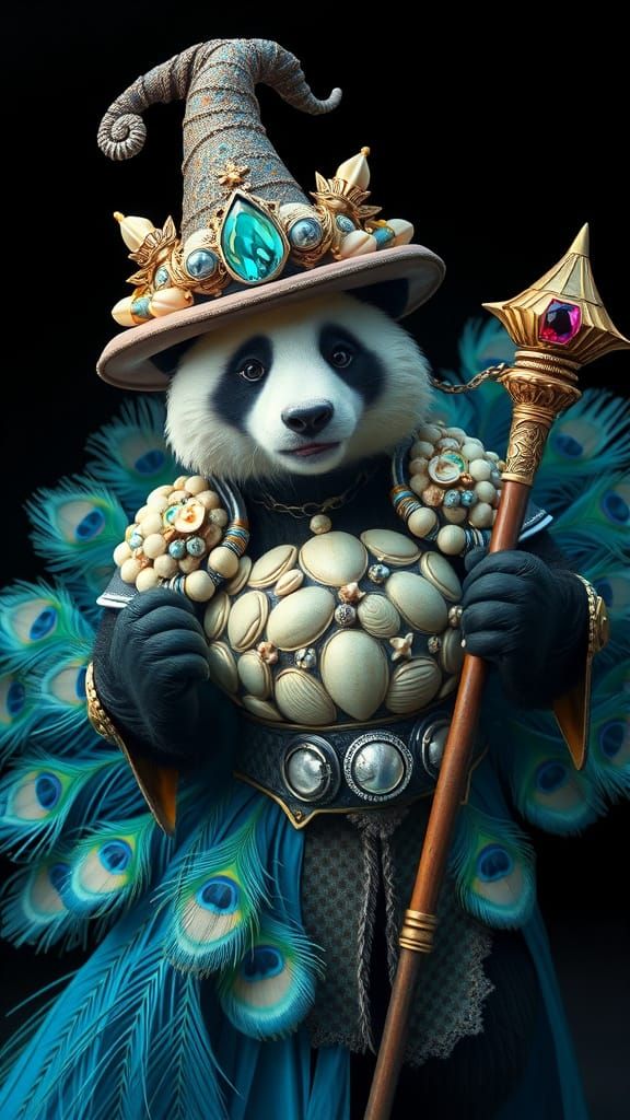 Whimsical Panda in Shimmering Armor, Fanned Peacock Tail, an...
