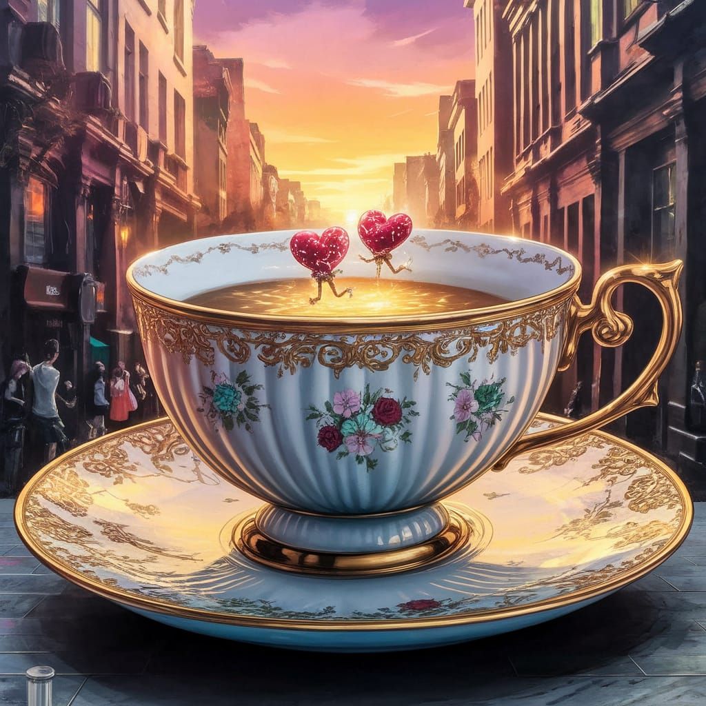 Whimsical Street Art Mural of Love in a Golden Teacup