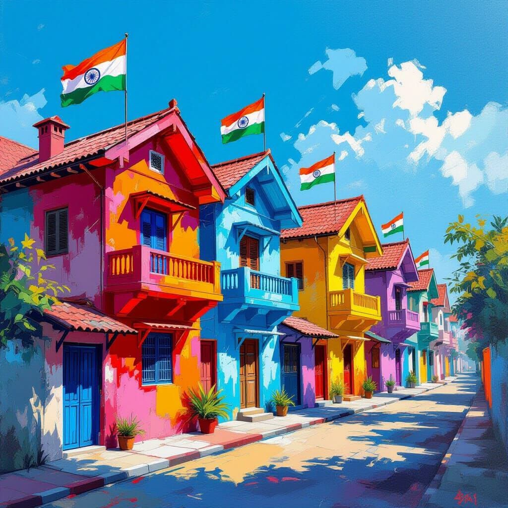 Indian Houses with Tricolour Flags in Graffiti Street Art