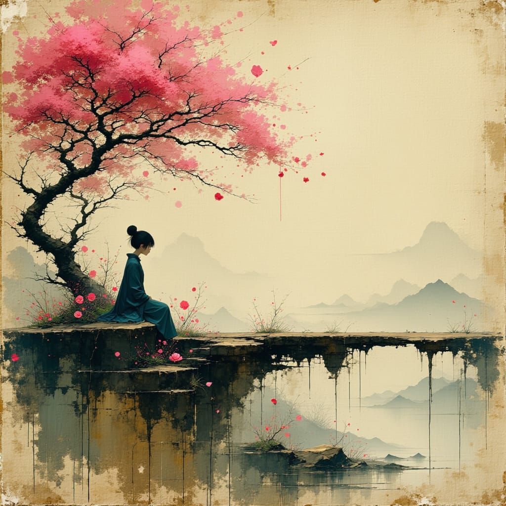 Anime Girl on Crumbling Bridge With Cherry Blossoms