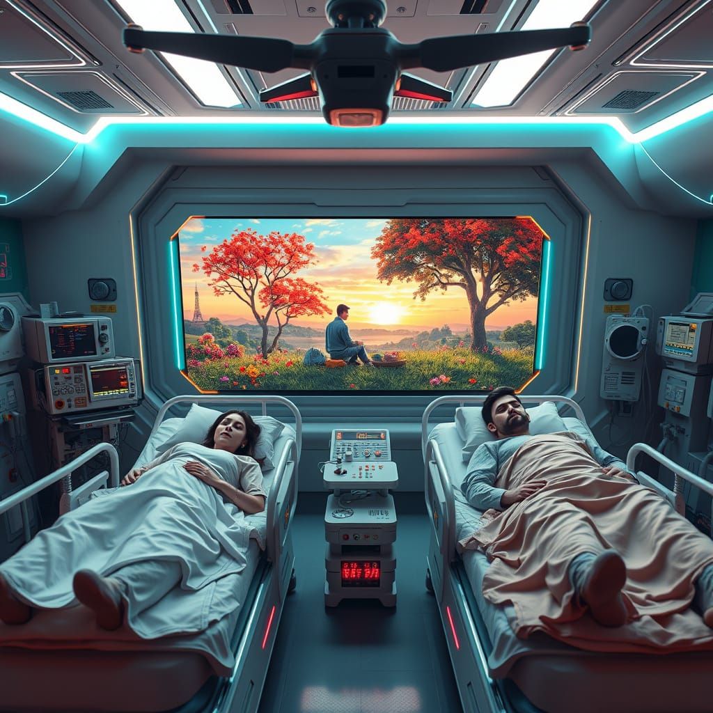 Futuristic Hospital Room: Comatose Patients and Fantasy Scre...