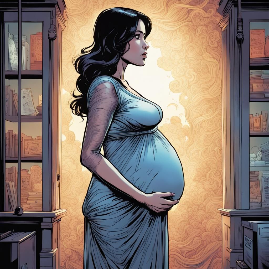 Pregnant Woman in See-Through Dress: Comic Book Art