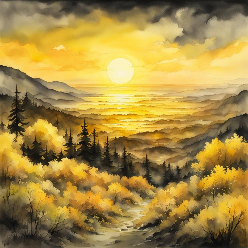 Monochromatic Yellow Sunrise in Watercolor Style
