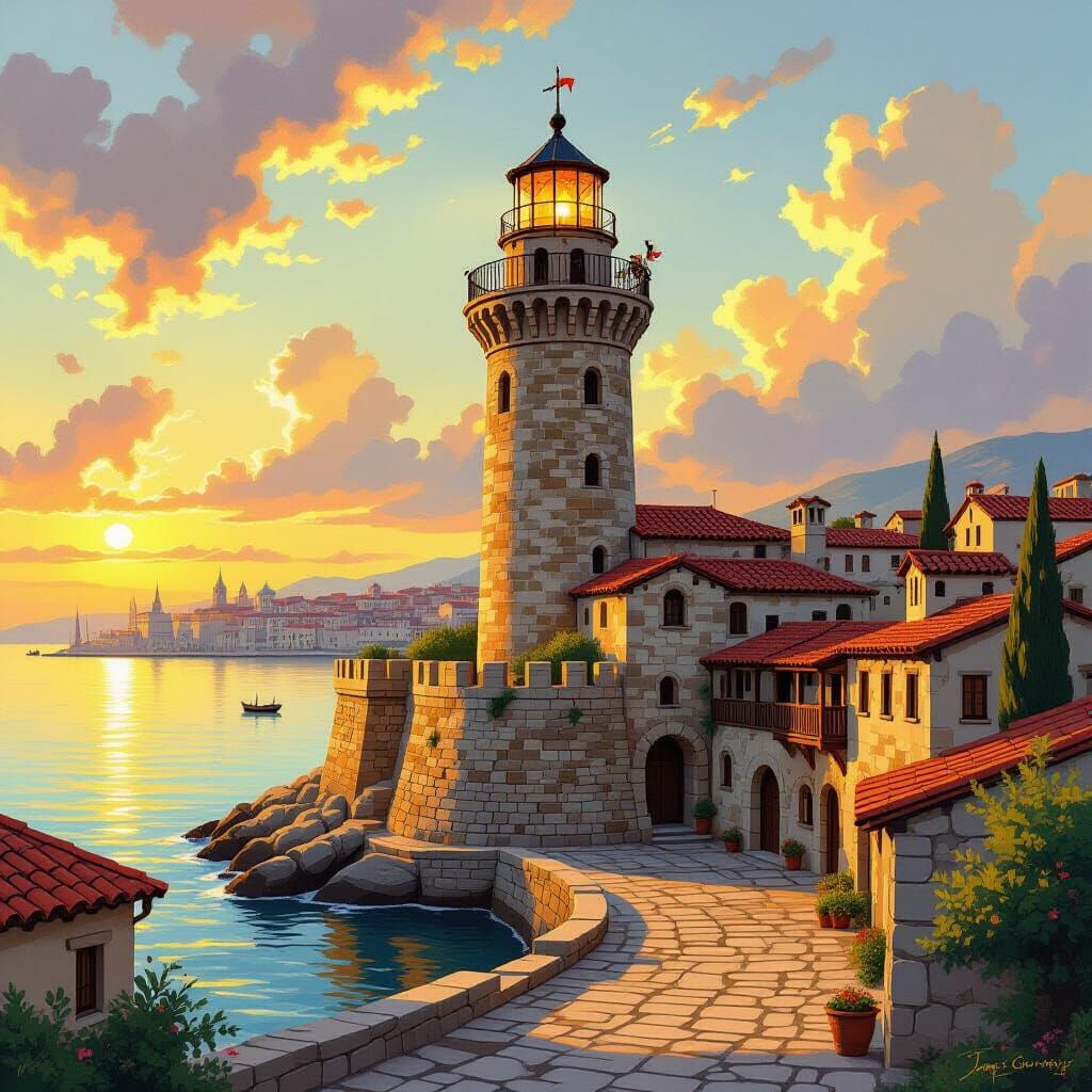 Medieval Lighthouse in Byzantine Port City, Vivid Colors