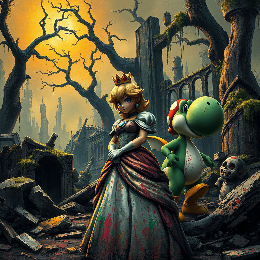 Peach and Yoshi in Dark Fantasy Post-Apocalyptic Kingdom