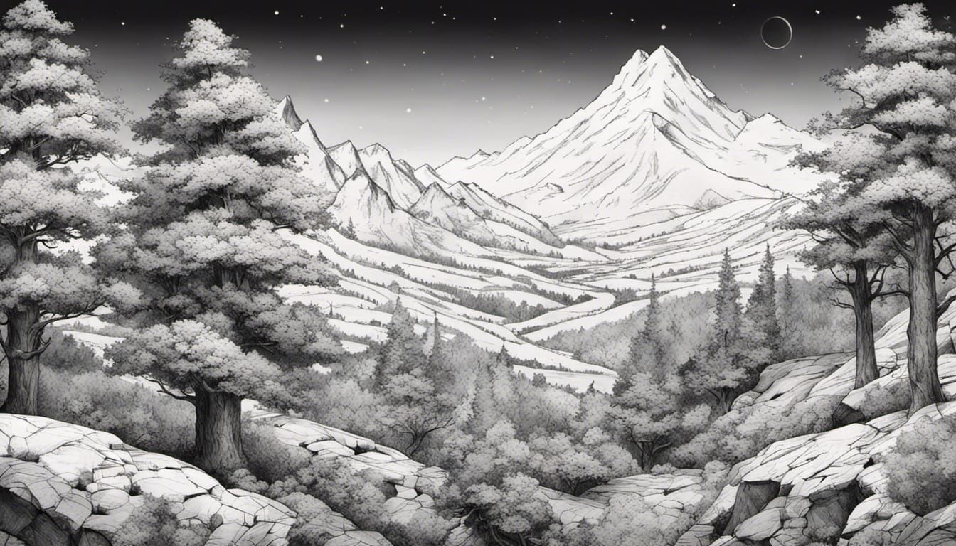 Detailed Ink Drawing of Mountain Landscape in Black and Whit...