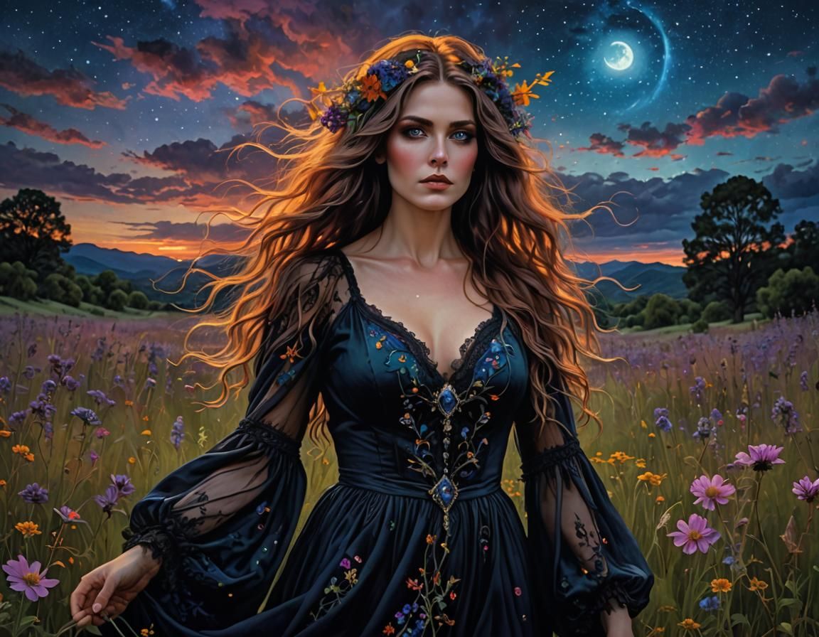 Vibrant Witchy Woman in Flowering Meadow