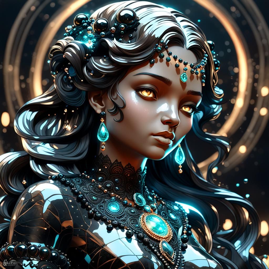 Glowing Black Marble Statue Portrait in Art Nouveau Style