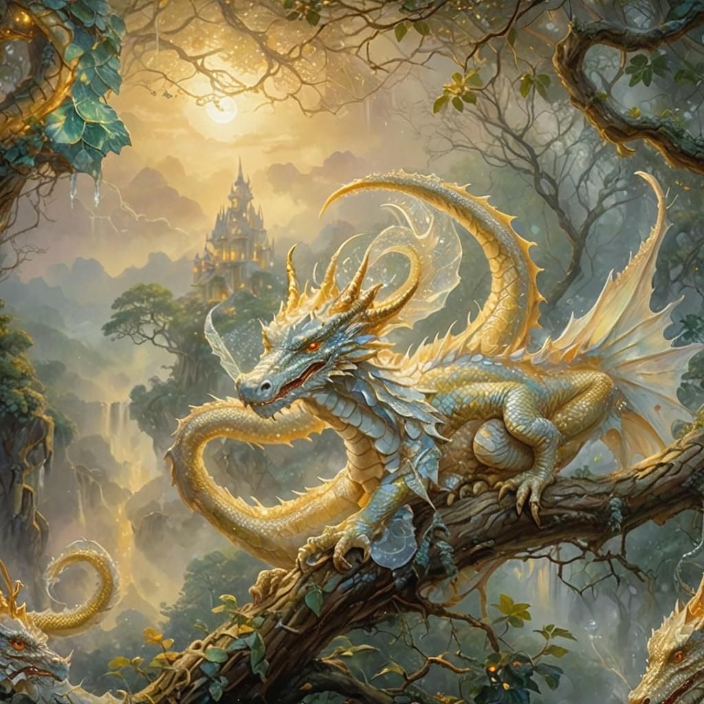 Ethereal Dragon perches on Misty Branch in Warm, Golden Ligh...