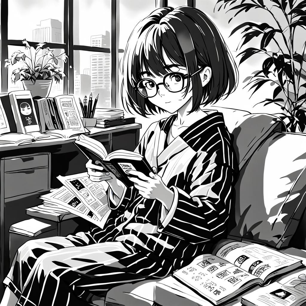 Cute Office Lady Reading Manga in 90s Anime Style