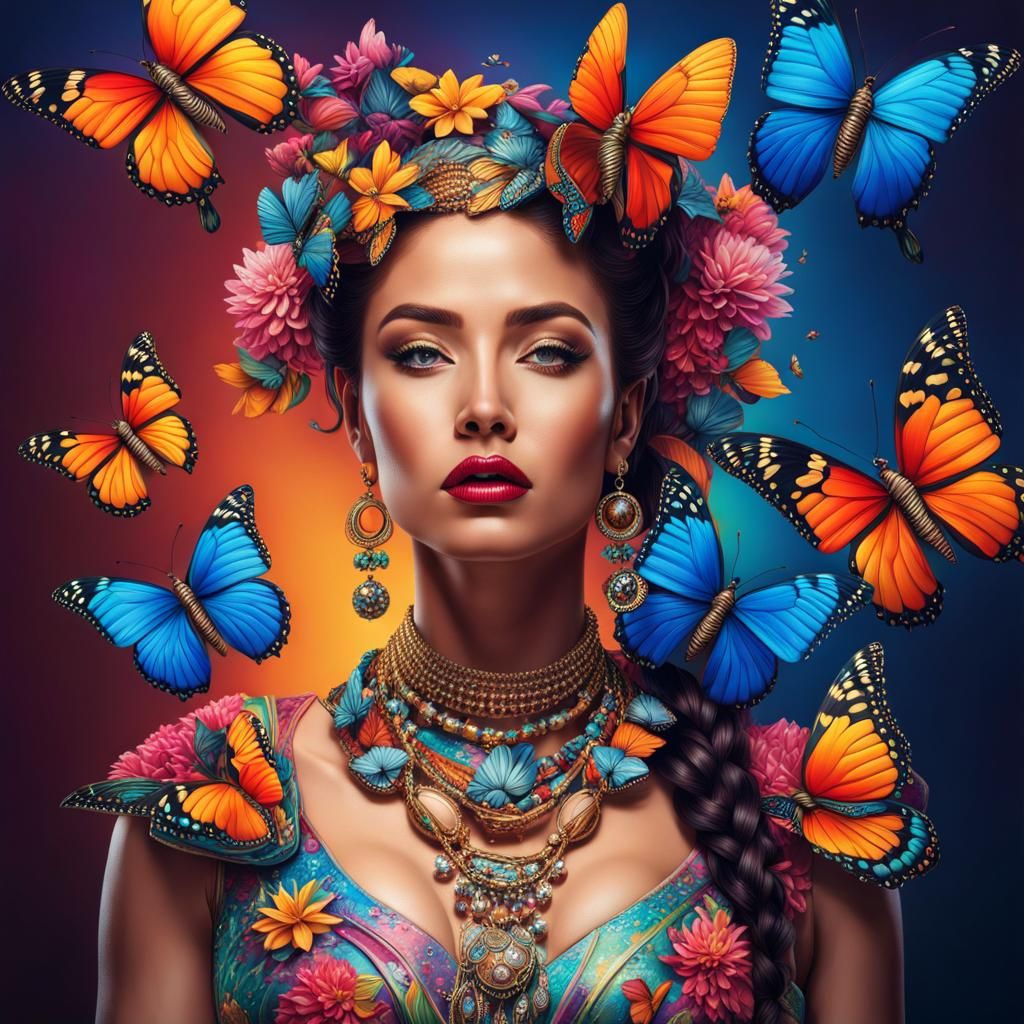 Beautiful Woman in Futuristic Jewelry: Hyperrealistic Portra...