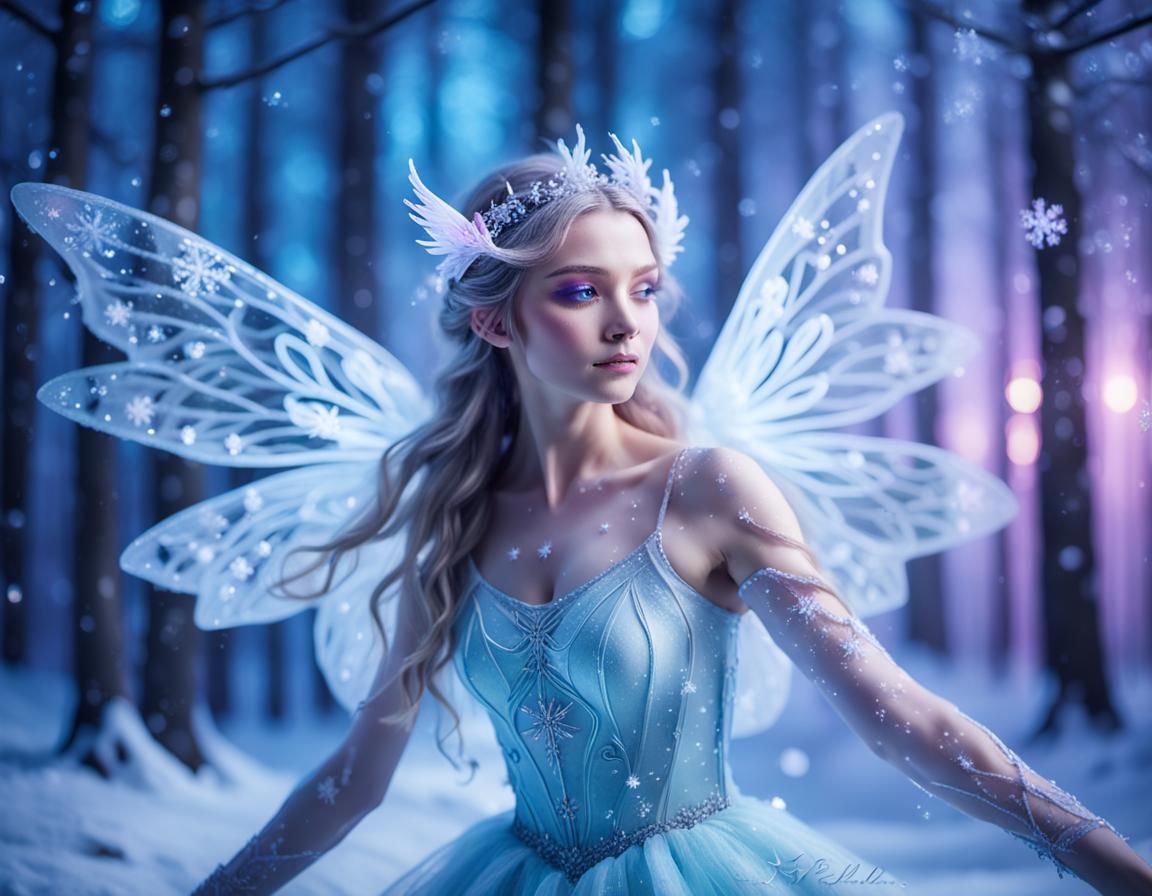 Winter Fairy Dancer in Enchanted Forest, Ethereal Art