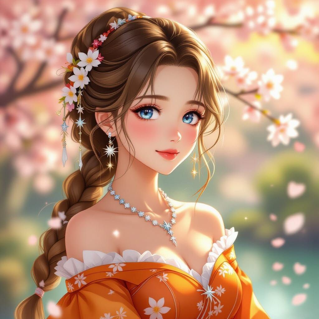 Anime Woman with Golden Hair and Star Jewelry