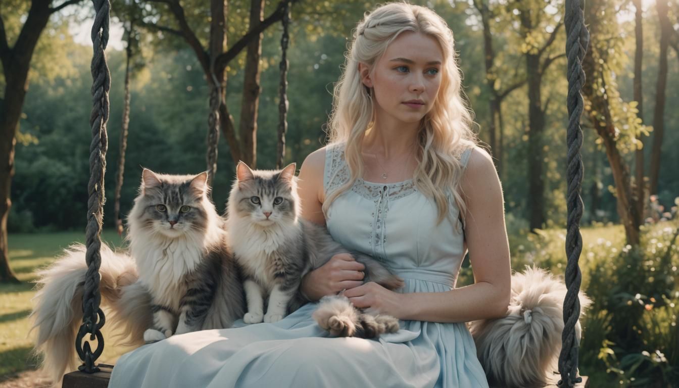 Woman on Swing with Cat in Cinematic Style