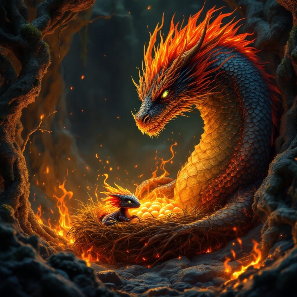 Dragon Mother and Child in Volcano Lair