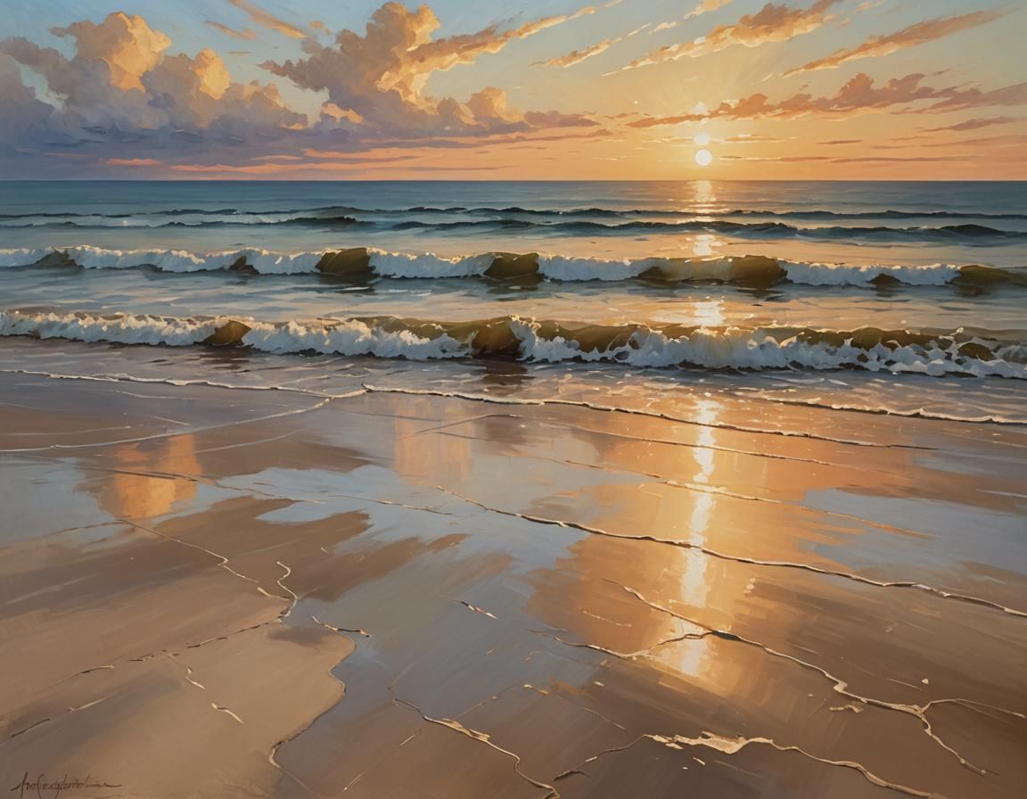 Golden Sunset Beach Scene as Oil Painting