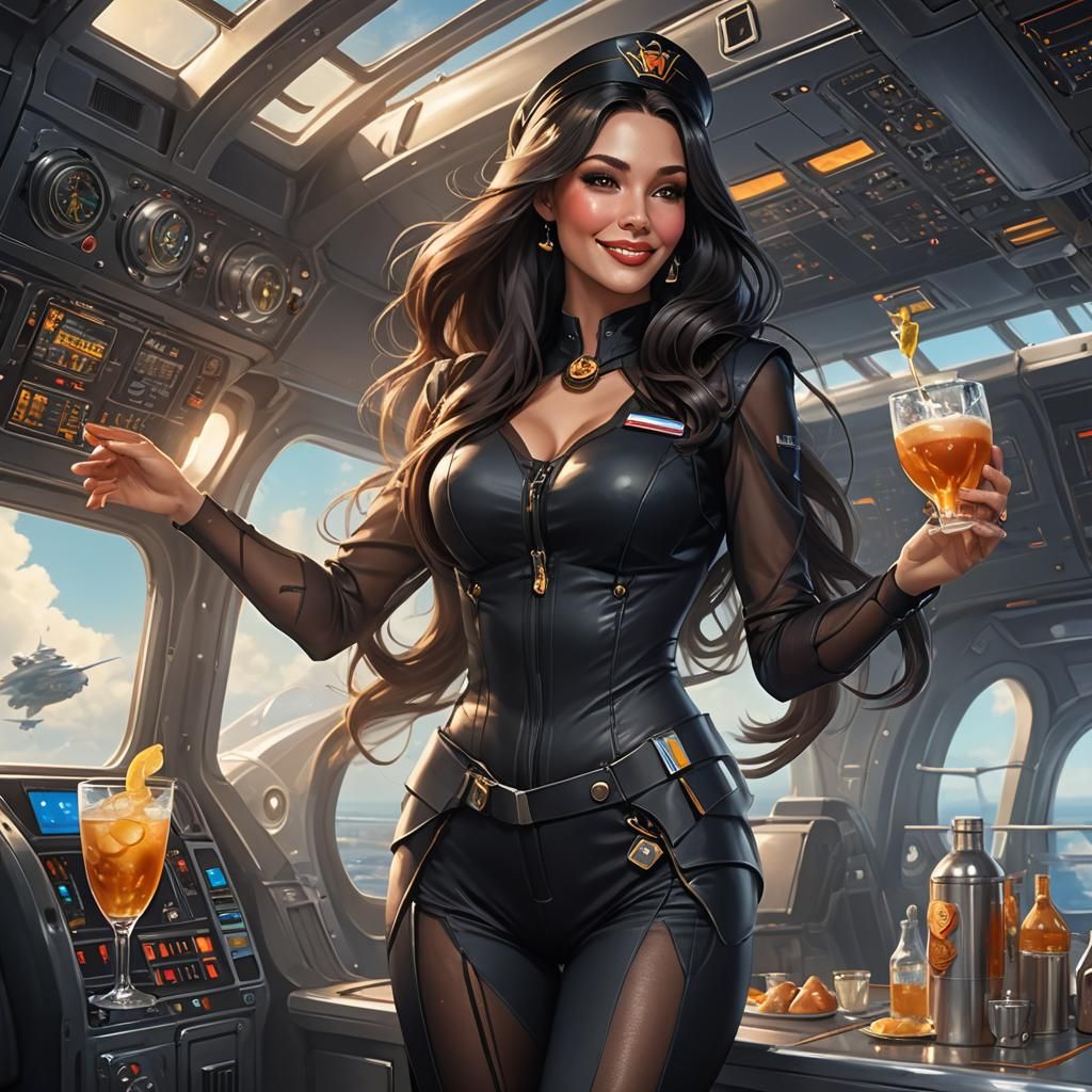 Air Hostess Serves Drinks to Aliens: Hyperdetailed Portrait