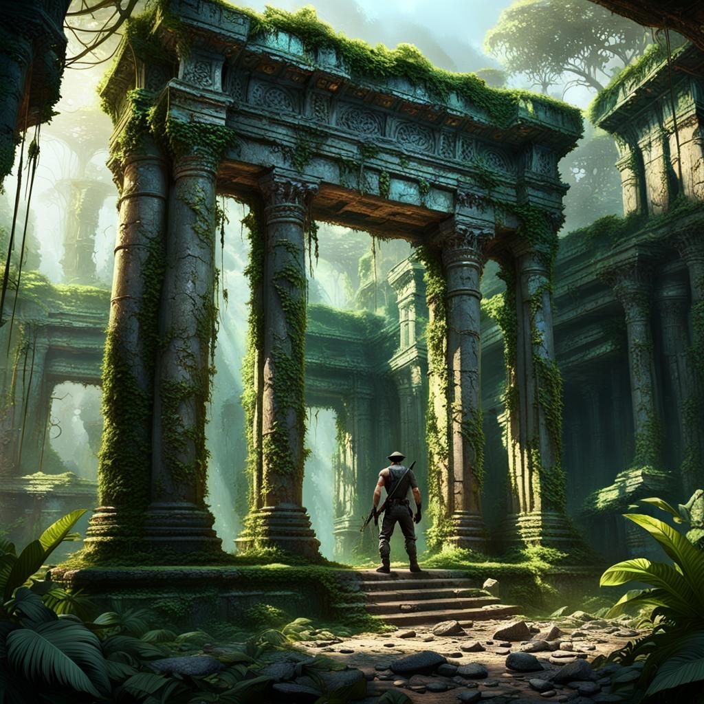 Gritty Jungle Temple Concept Art in Vibrant Oil Painting Sty...
