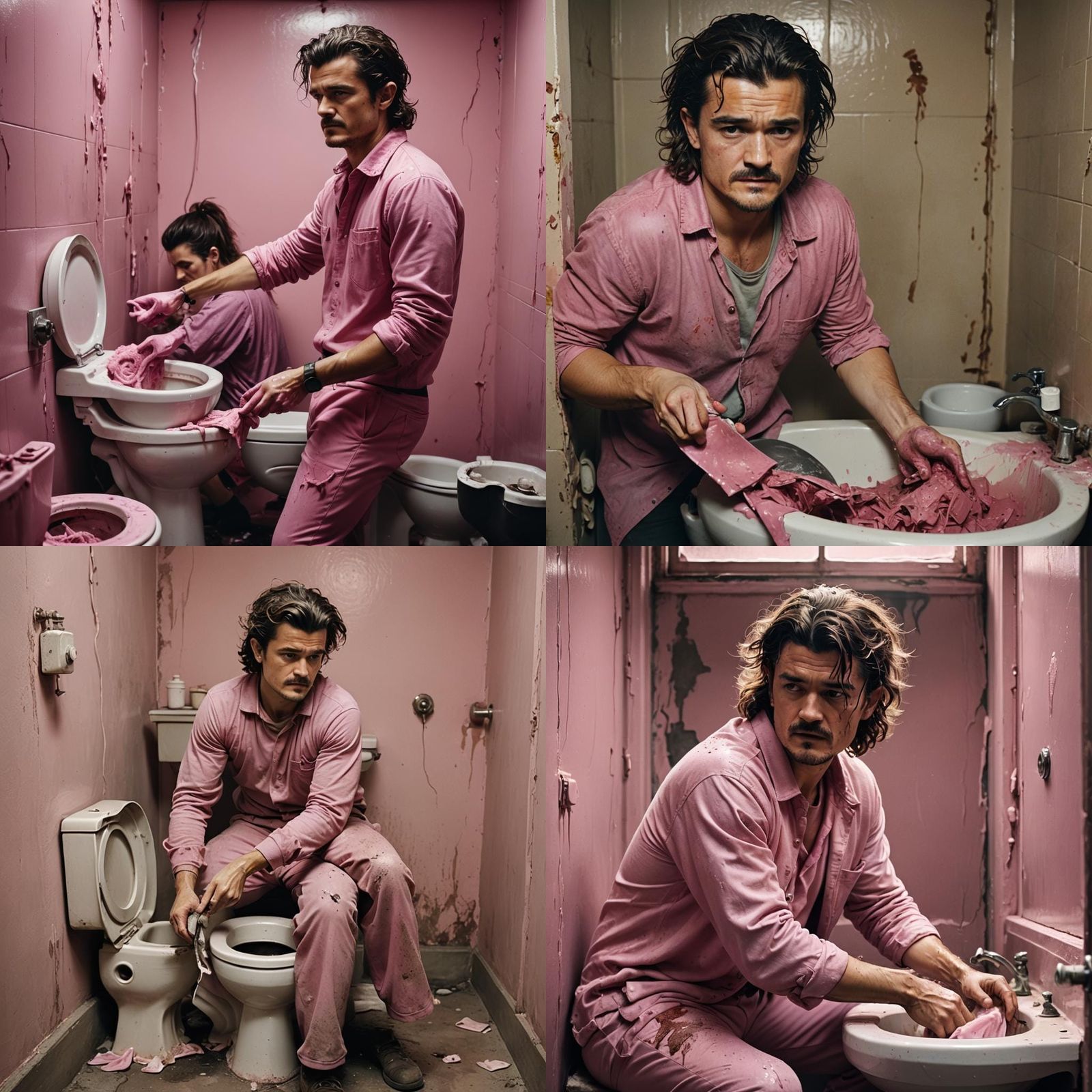 Man in Pink Cleaning Toilet: Cinematic Film Still