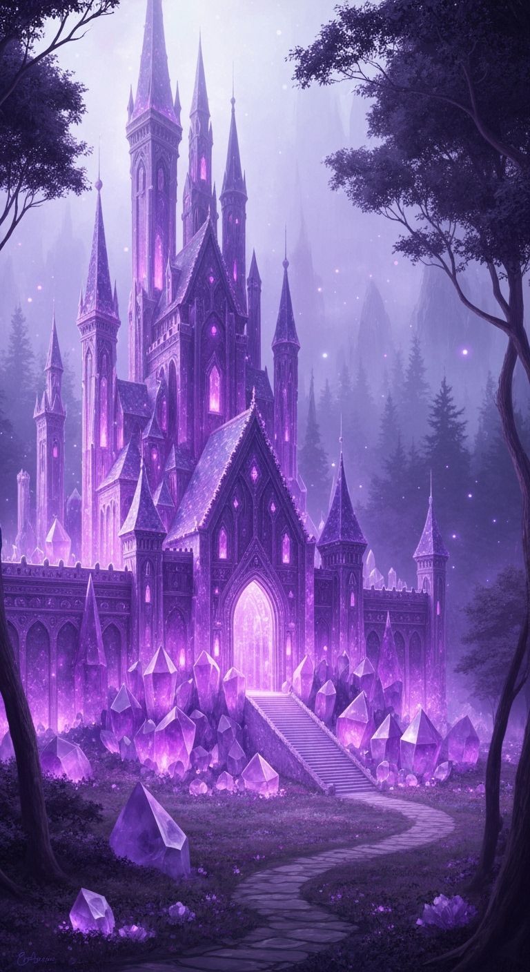 Majestic Amethyst Crystal Castle in Violet Forest