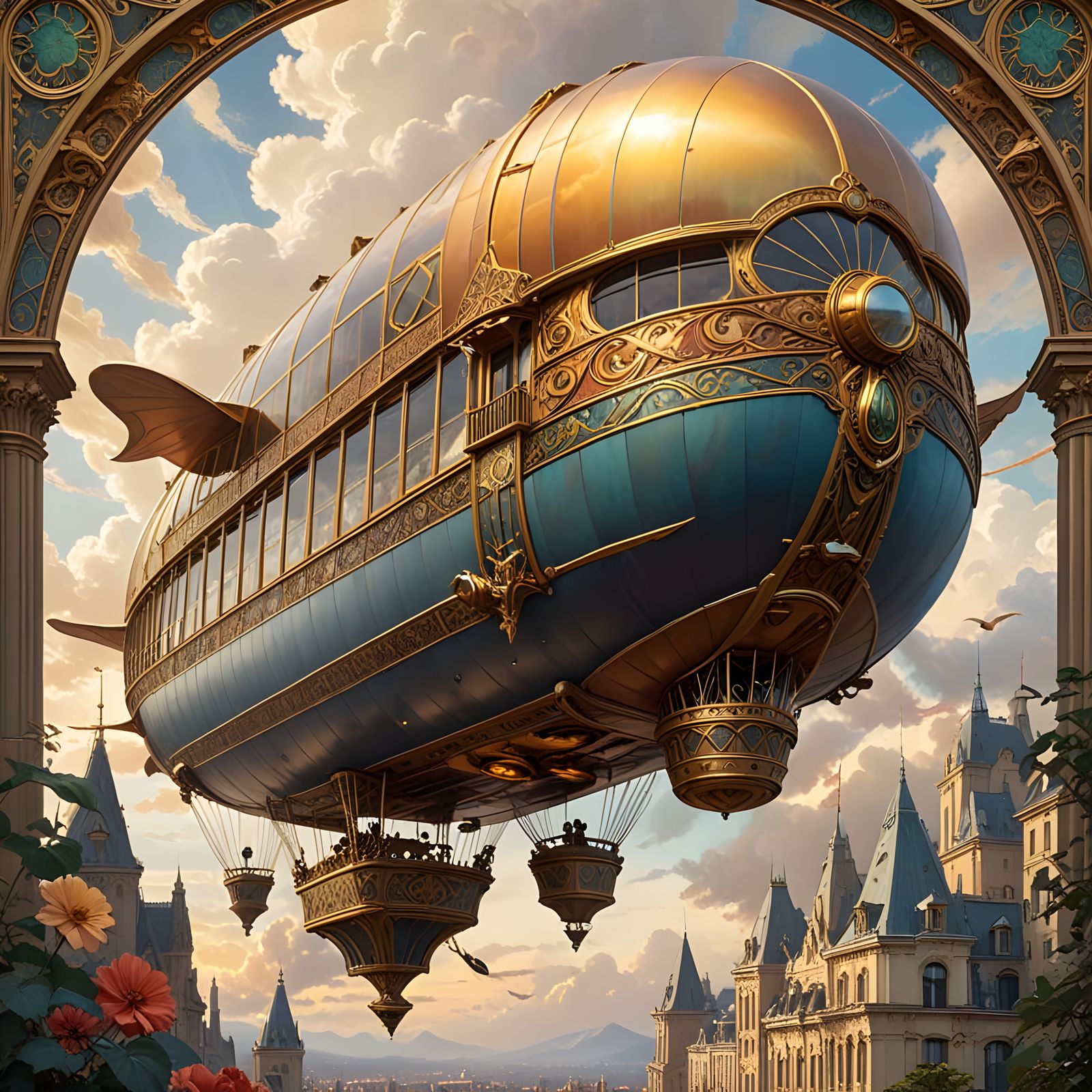 Art Nouveau Dirigible in Cloudy Sky