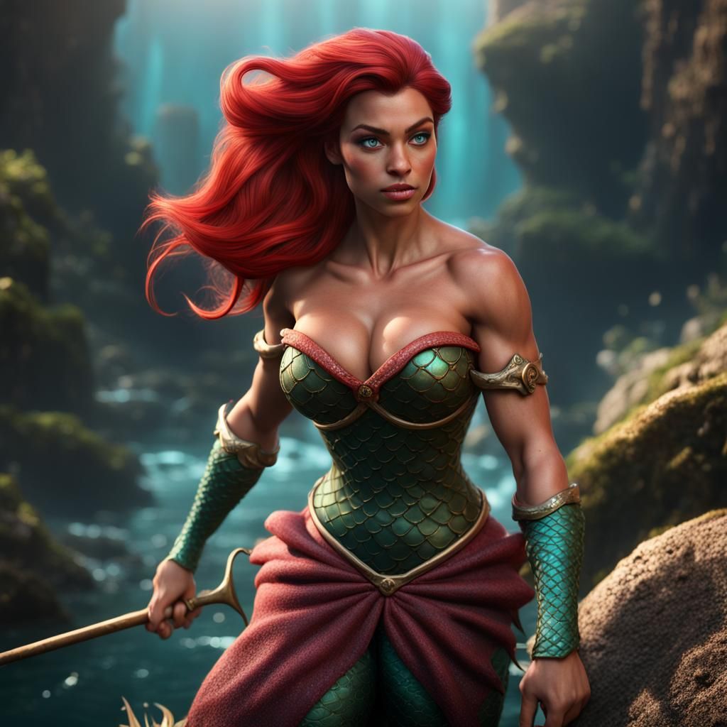Hyperrealistic Ariel as Muscular Warrior