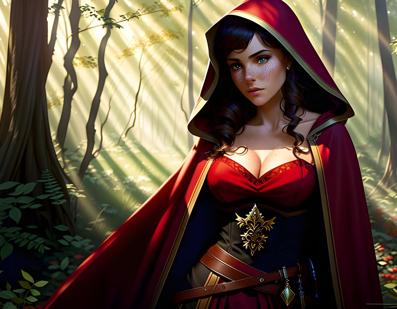 Red Riding Hood Lost in Spooky Woods at Dusk