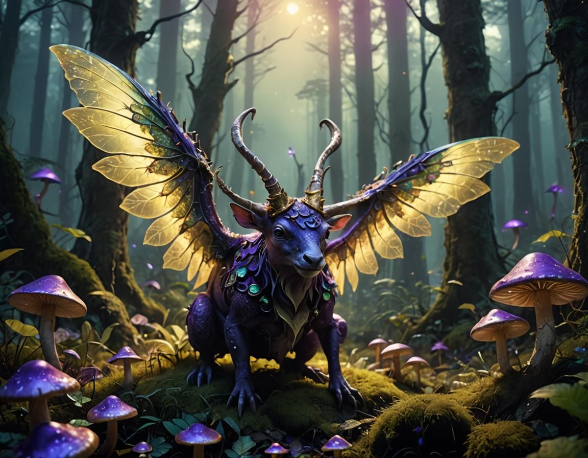 Eerie Winged Creature in a Glowing Forest