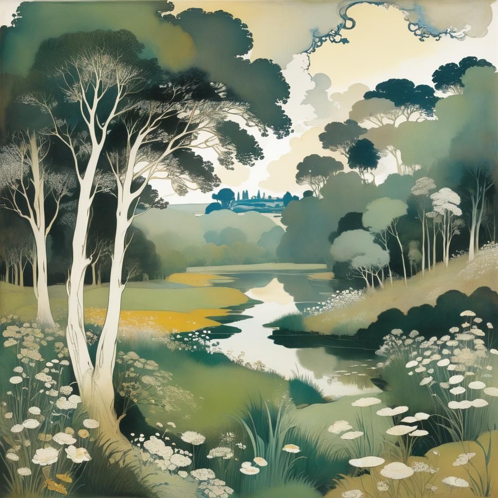 Dreamy Landscape in Watercolor and Art Nouveau Style