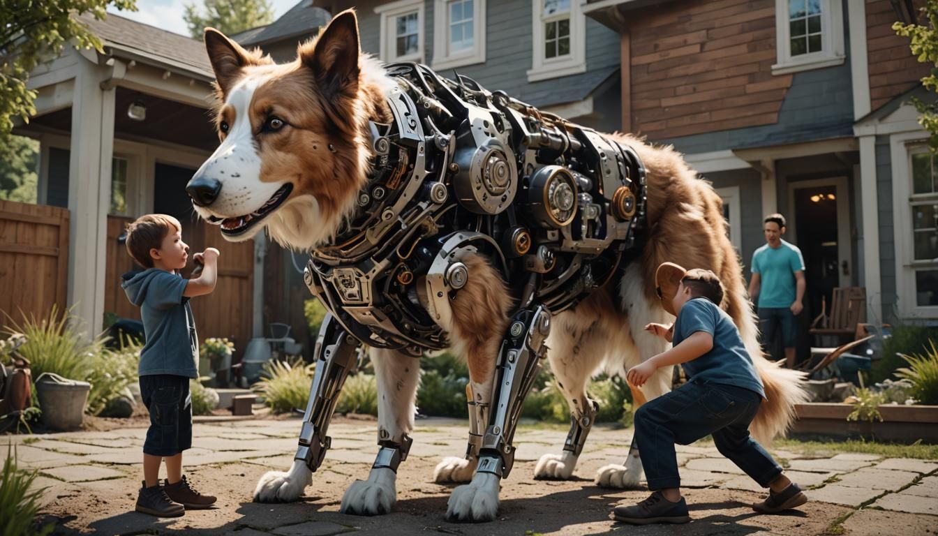 Cyborg Collie Dog and Dad in Futuristic Backyard