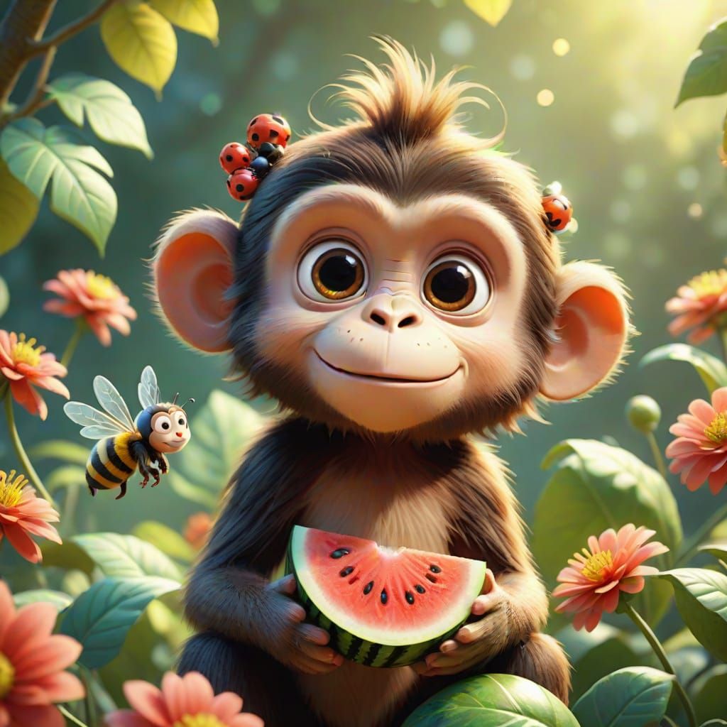 Cute Monkey with Watermelon and Bee, Disney/Pixar Style