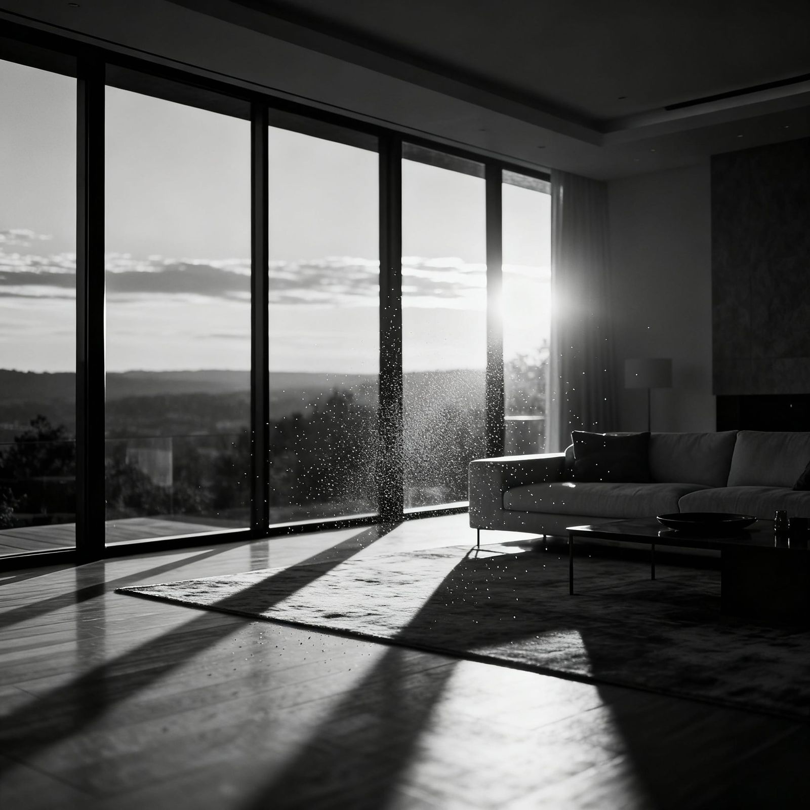 Modern Living Room at Sunset, Black & White Decor