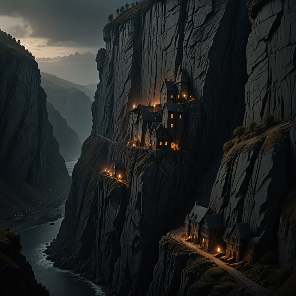 Town Carved into Cliff Face in Dark Fantasy Style