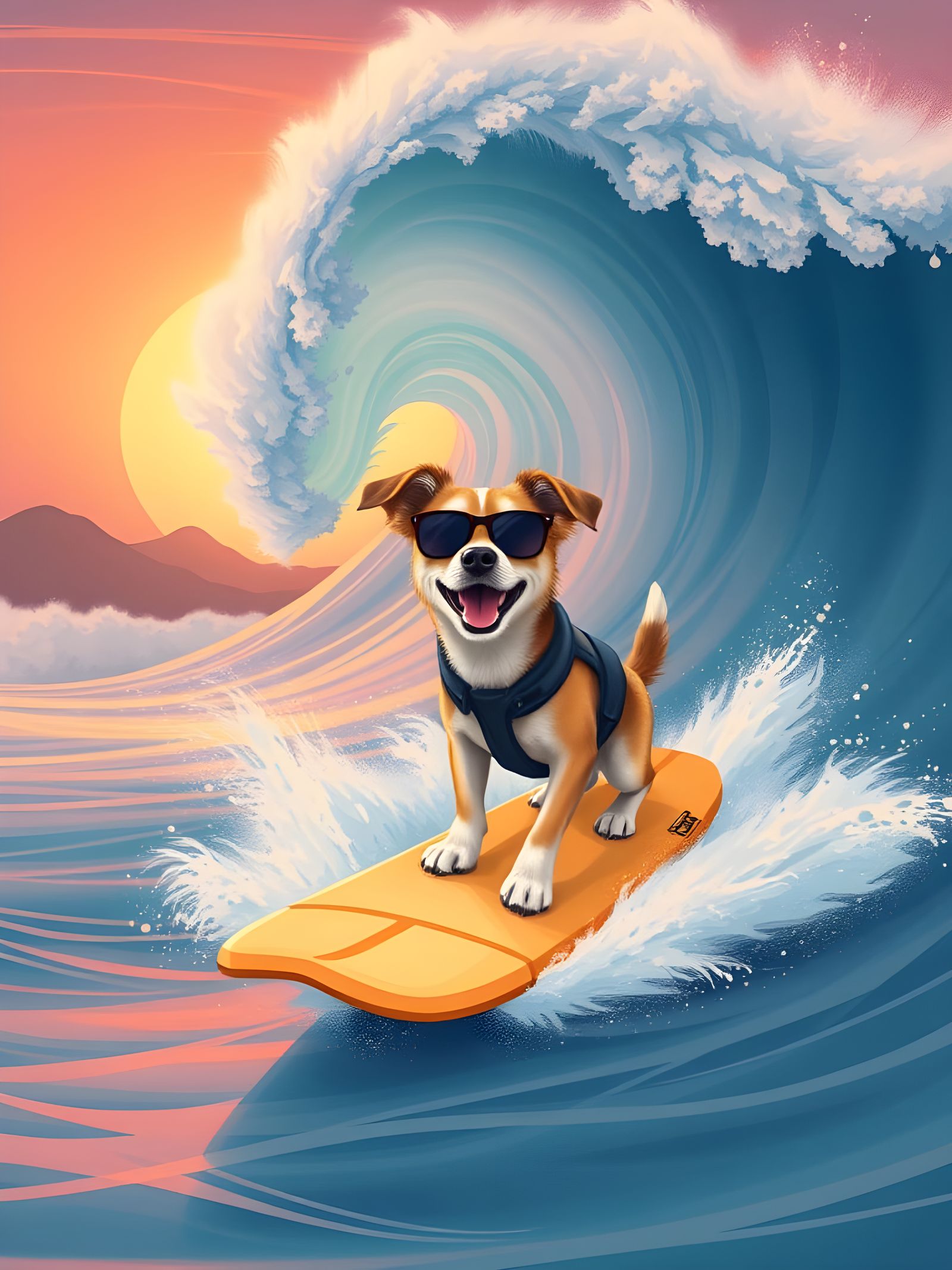 Dogs Riding Surfboards in Pastel Sunset