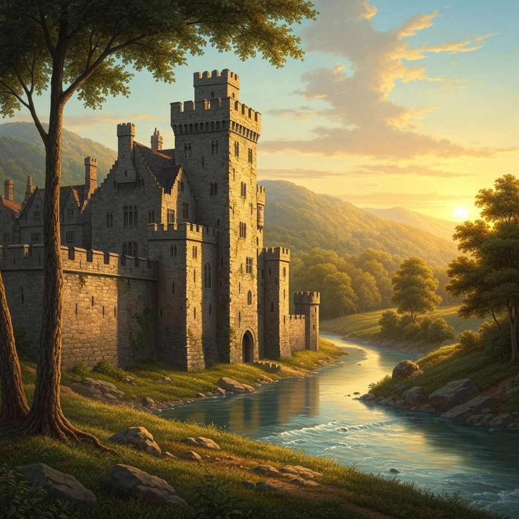 Majestic Ancient Castle by River at Sunset
