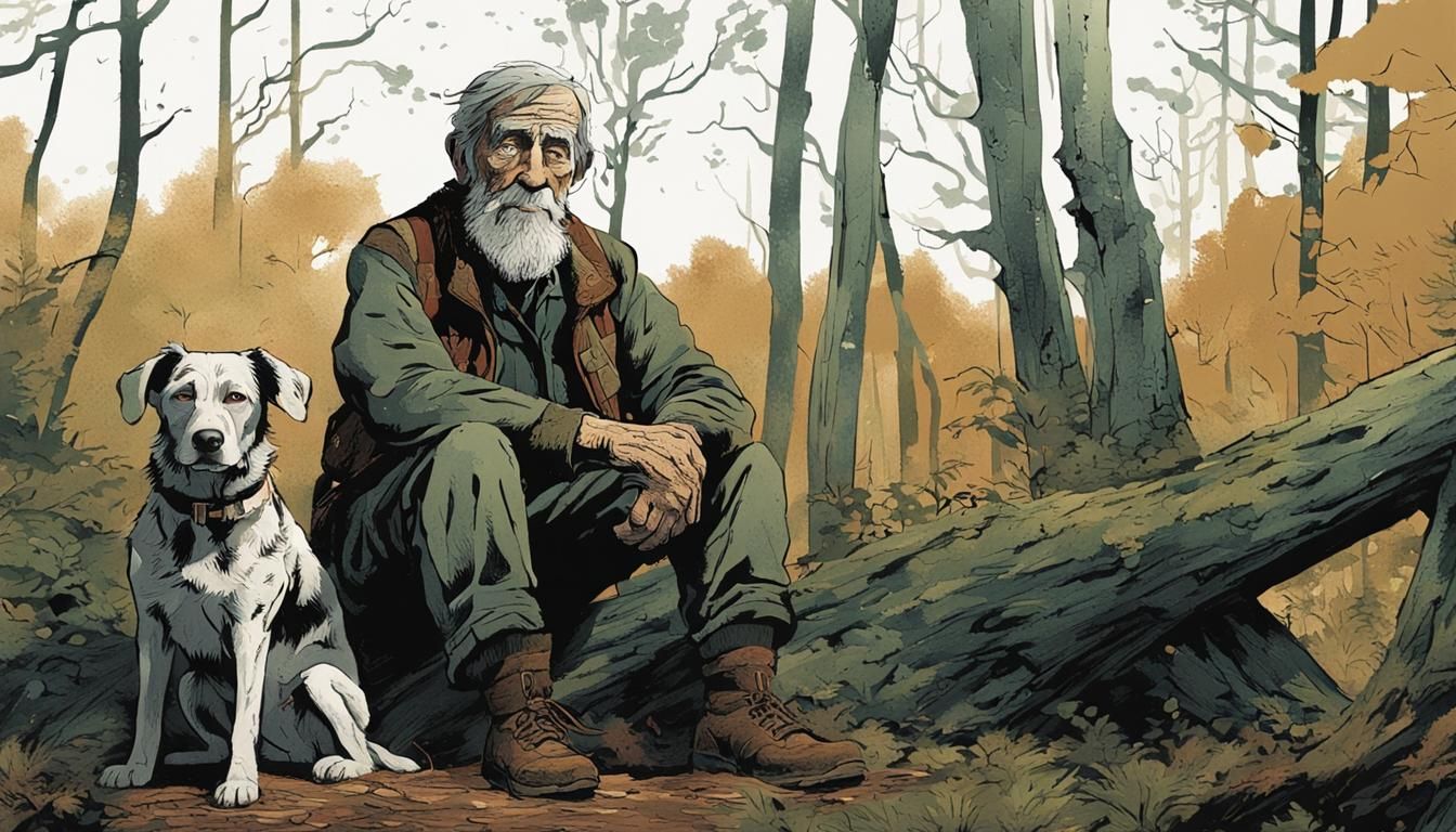 Aging Drifter and Dog in Forest, Graphic Novel