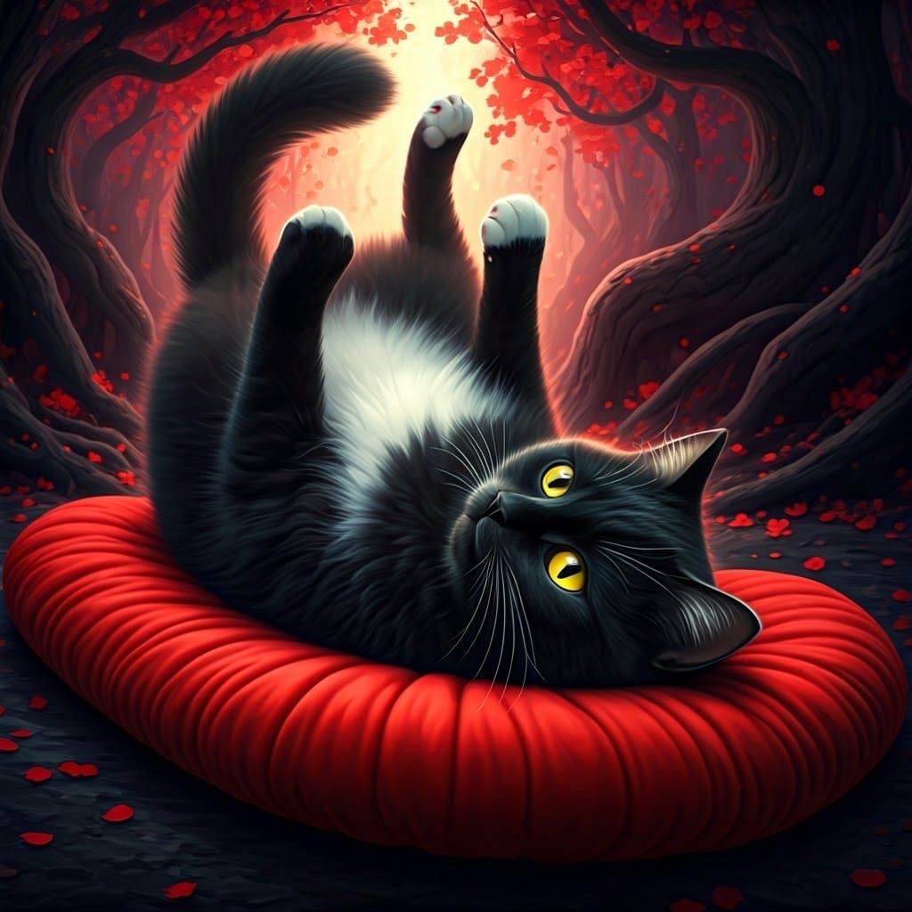 Adorable Black Cat on Heart Cushion: Fantasy Art
