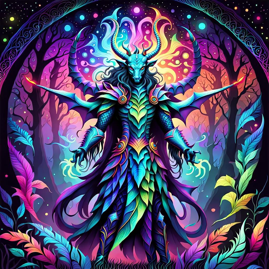 Mystical Reptile Man in Glowing Forest: Psychedelic Art