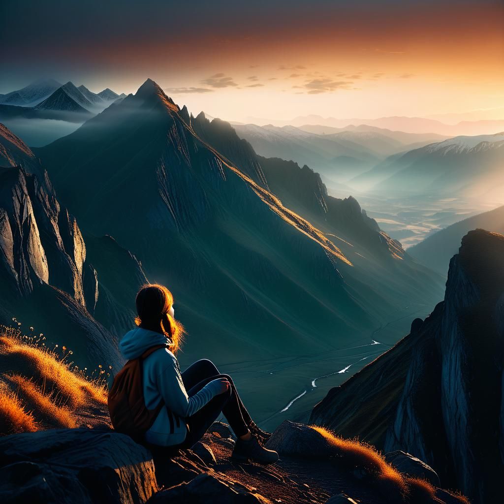 Ethereal Twilight Landscape with Woman at Dusk